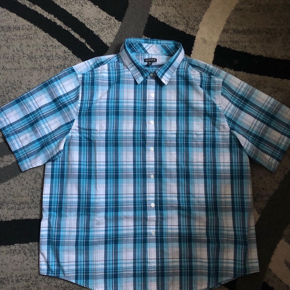 George Men’s Teal and White Plaid Short-Sleeve Button-Down Shirt